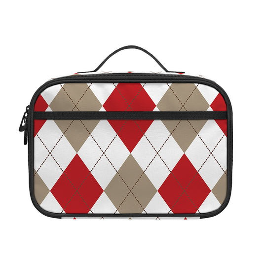 White Red And Beige Argyle Pattern Print Portable Lunch Bag