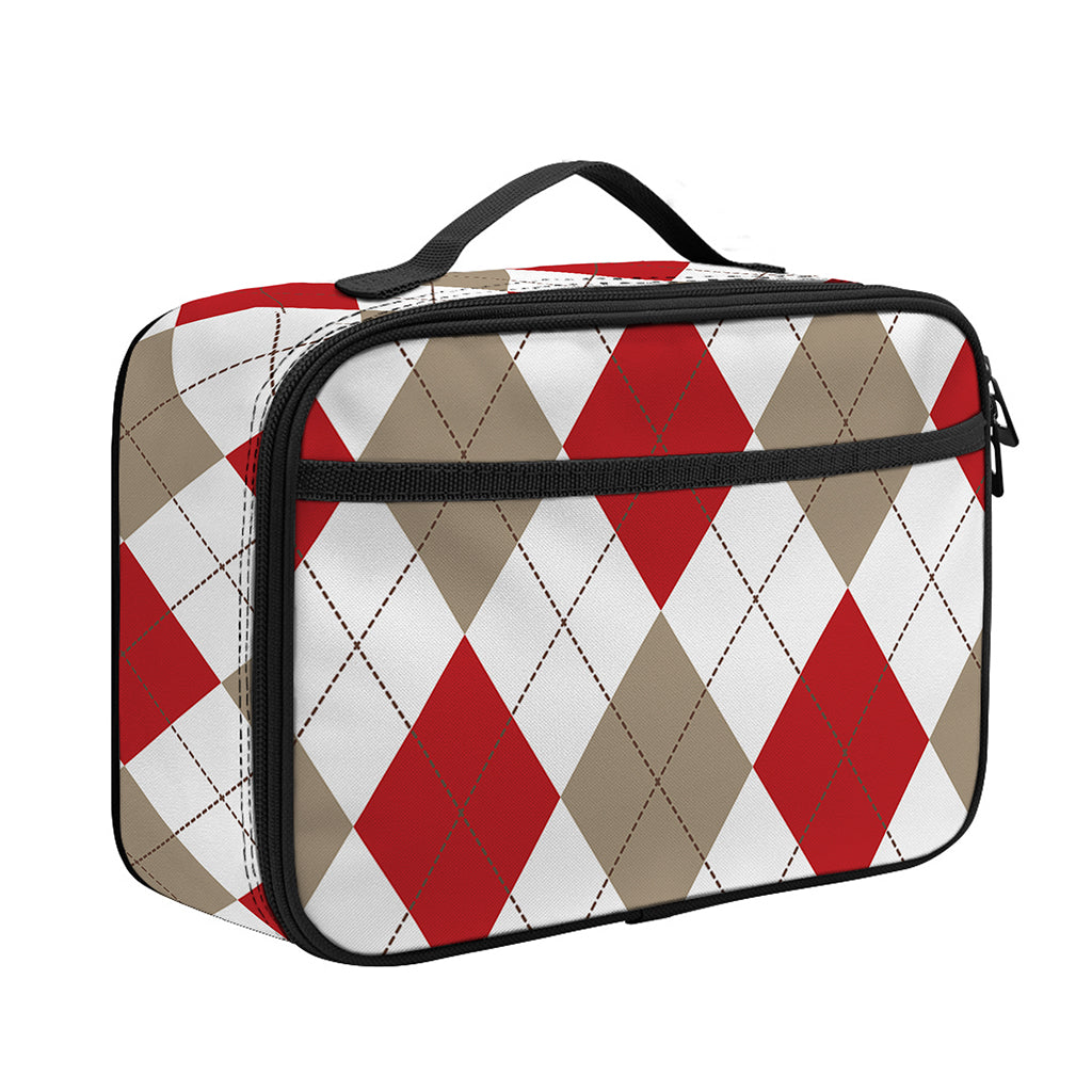 White Red And Beige Argyle Pattern Print Portable Lunch Bag