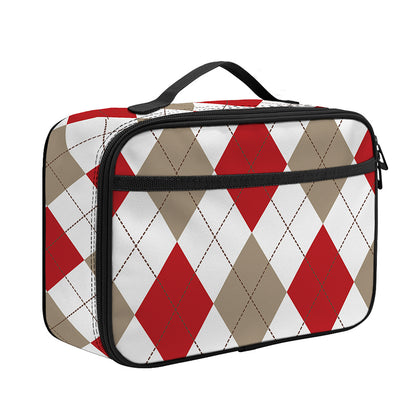 White Red And Beige Argyle Pattern Print Portable Lunch Bag