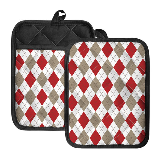 White Red And Beige Argyle Pattern Print Pot Holders With Pocket