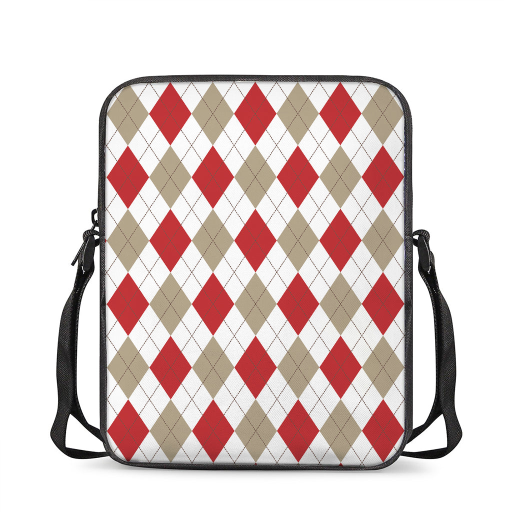 White Red And Beige Argyle Pattern Print Rectangular Crossbody Bag