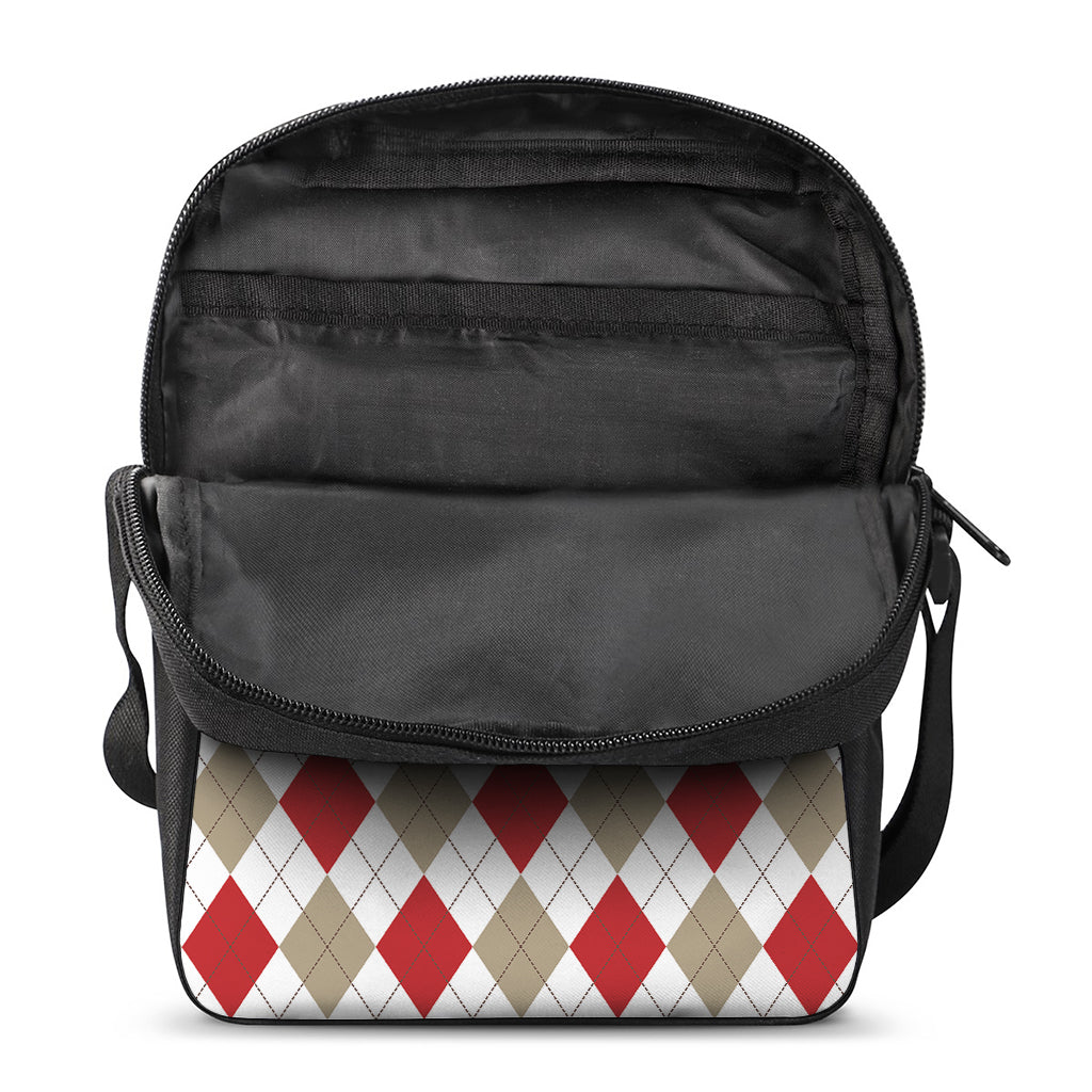 White Red And Beige Argyle Pattern Print Rectangular Crossbody Bag