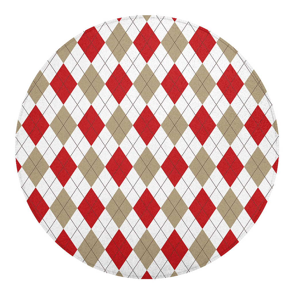 White Red And Beige Argyle Pattern Print Round Blanket