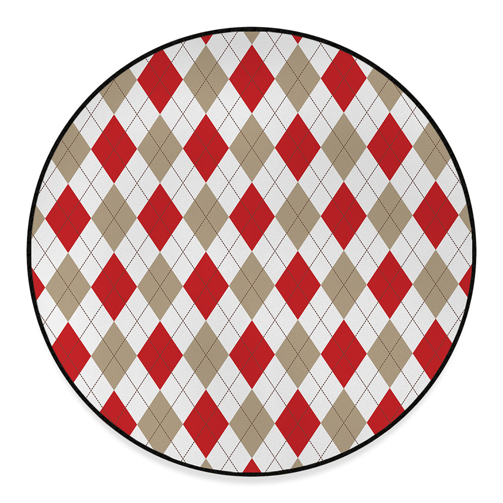 White Red And Beige Argyle Pattern Print Round Floor Mat