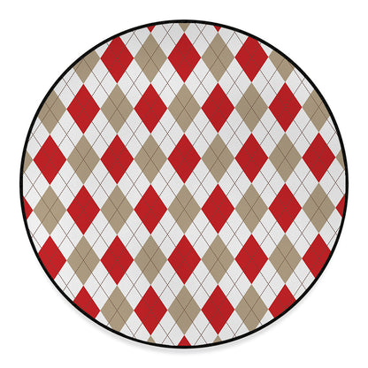 White Red And Beige Argyle Pattern Print Round Floor Mat