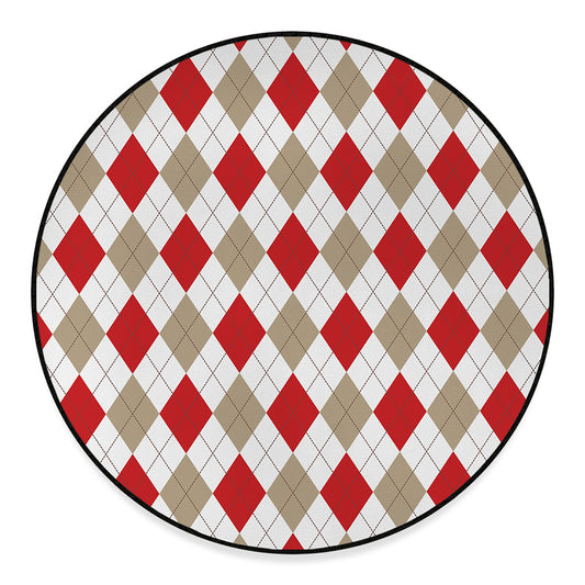 White Red And Beige Argyle Pattern Print Round Floor Mat