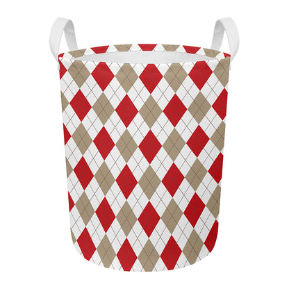 White Red And Beige Argyle Pattern Print Round Laundry Basket