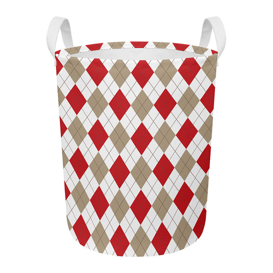 White Red And Beige Argyle Pattern Print Round Laundry Basket