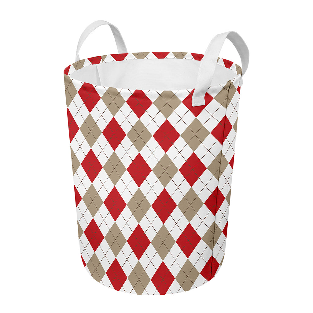 White Red And Beige Argyle Pattern Print Round Laundry Basket