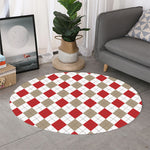 White Red And Beige Argyle Pattern Print Round Rug