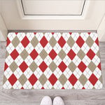 White Red And Beige Argyle Pattern Print Rubber Doormat