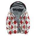 White Red And Beige Argyle Pattern Print Sherpa Lined Zip Up Hoodie