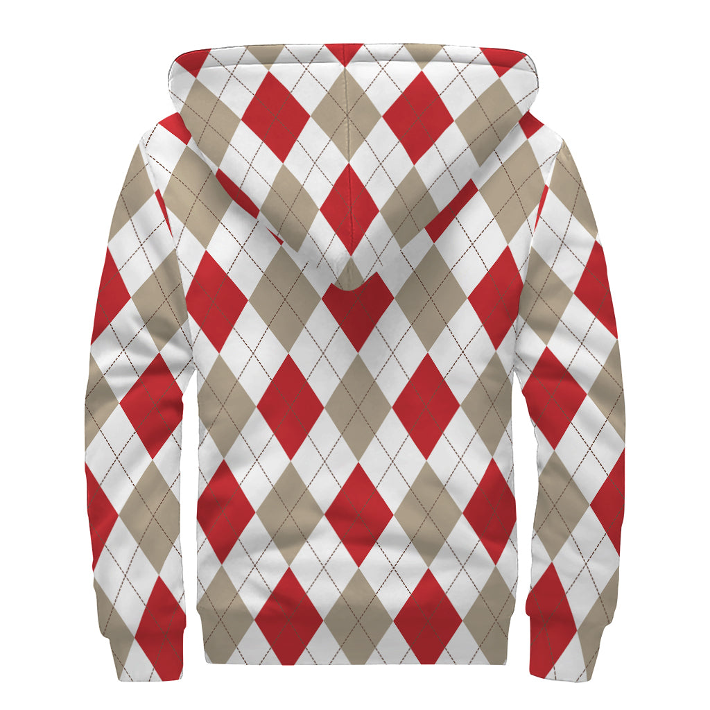 White Red And Beige Argyle Pattern Print Sherpa Lined Zip Up Hoodie