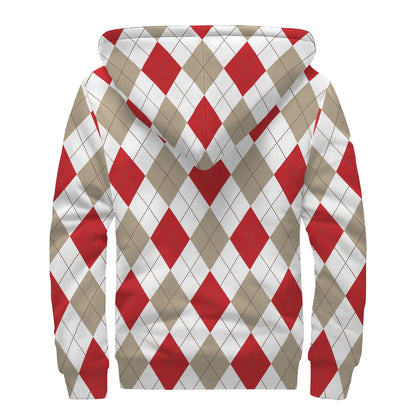 White Red And Beige Argyle Pattern Print Sherpa Lined Zip Up Hoodie
