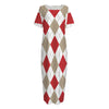 White Red And Beige Argyle Pattern Print Short Sleeve Long Nightdress