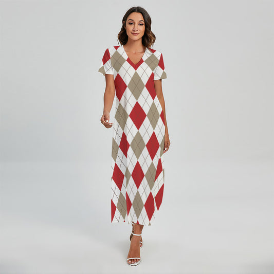 White Red And Beige Argyle Pattern Print Short Sleeve Maxi Dress