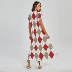 White Red And Beige Argyle Pattern Print Short Sleeve Maxi Dress
