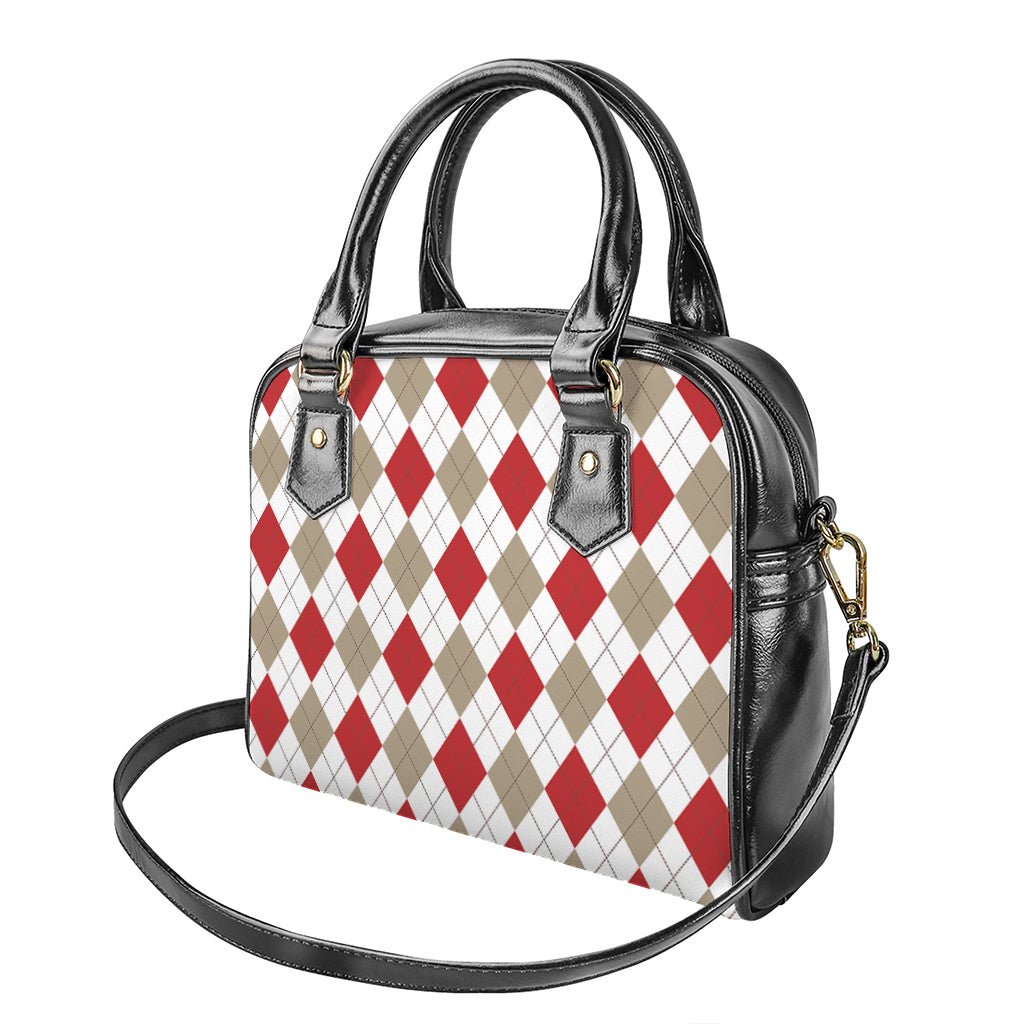 White Red And Beige Argyle Pattern Print Shoulder Handbag
