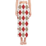 White Red And Beige Argyle Pattern Print Side Slit Maxi Skirt