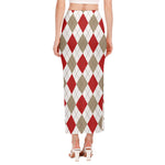 White Red And Beige Argyle Pattern Print Side Slit Maxi Skirt
