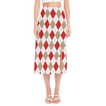 White Red And Beige Argyle Pattern Print Side Slit Midi Skirt