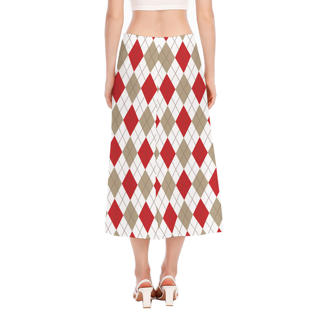 White Red And Beige Argyle Pattern Print Side Slit Midi Skirt