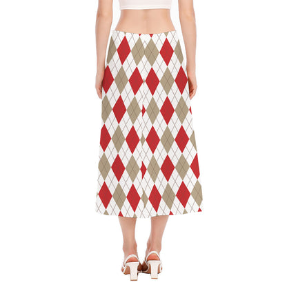 White Red And Beige Argyle Pattern Print Side Slit Midi Skirt