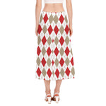 White Red And Beige Argyle Pattern Print Side Slit Midi Skirt
