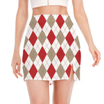 White Red And Beige Argyle Pattern Print Side Slit Mini Skirt