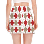 White Red And Beige Argyle Pattern Print Side Slit Mini Skirt