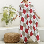 White Red And Beige Argyle Pattern Print Silk V-Neck Kaftan Dress