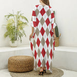 White Red And Beige Argyle Pattern Print Silk V-Neck Kaftan Dress