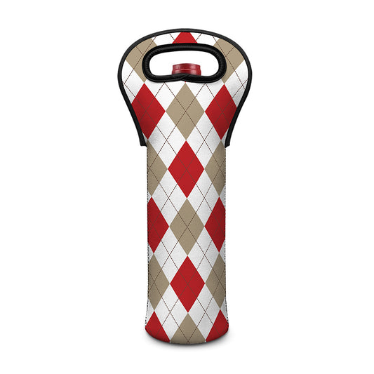 White Red And Beige Argyle Pattern Print Single Neoprene Wine Tote