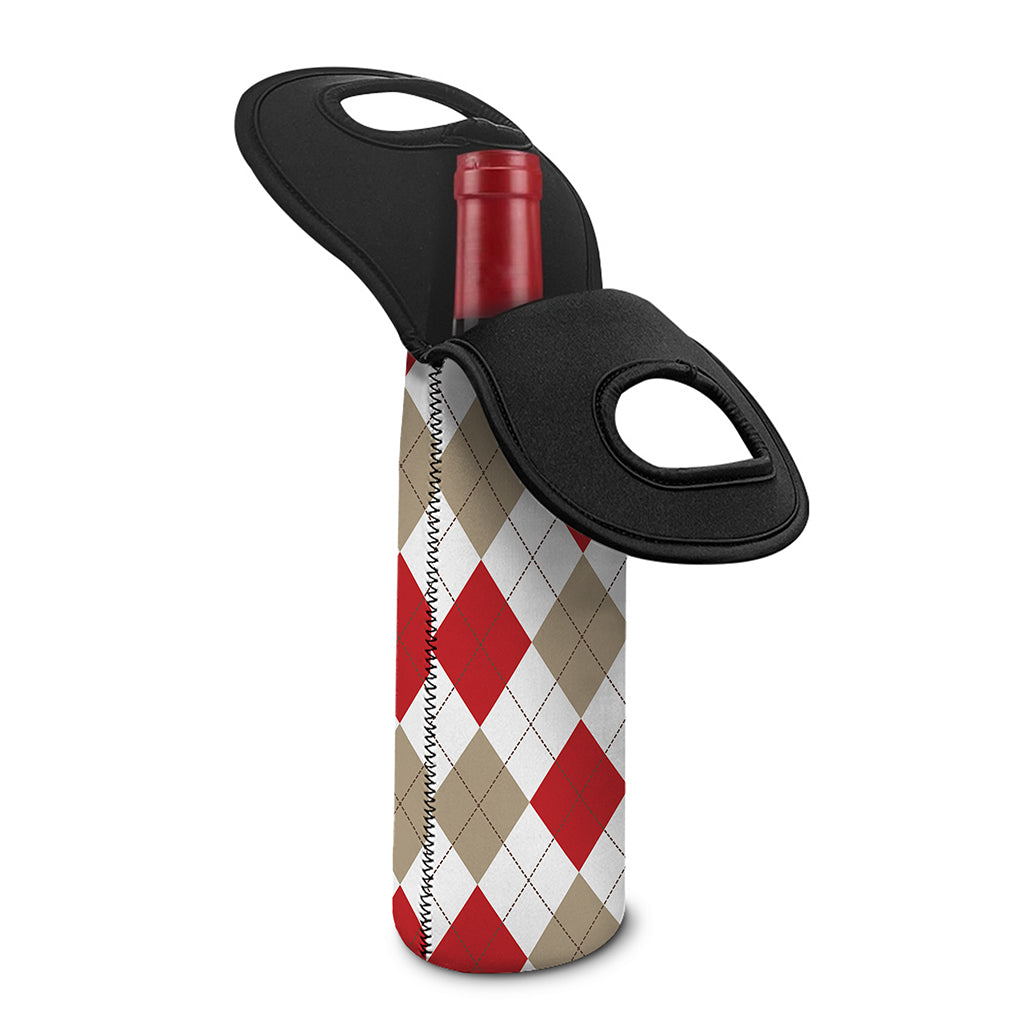 White Red And Beige Argyle Pattern Print Single Neoprene Wine Tote