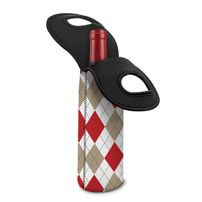 White Red And Beige Argyle Pattern Print Single Neoprene Wine Tote