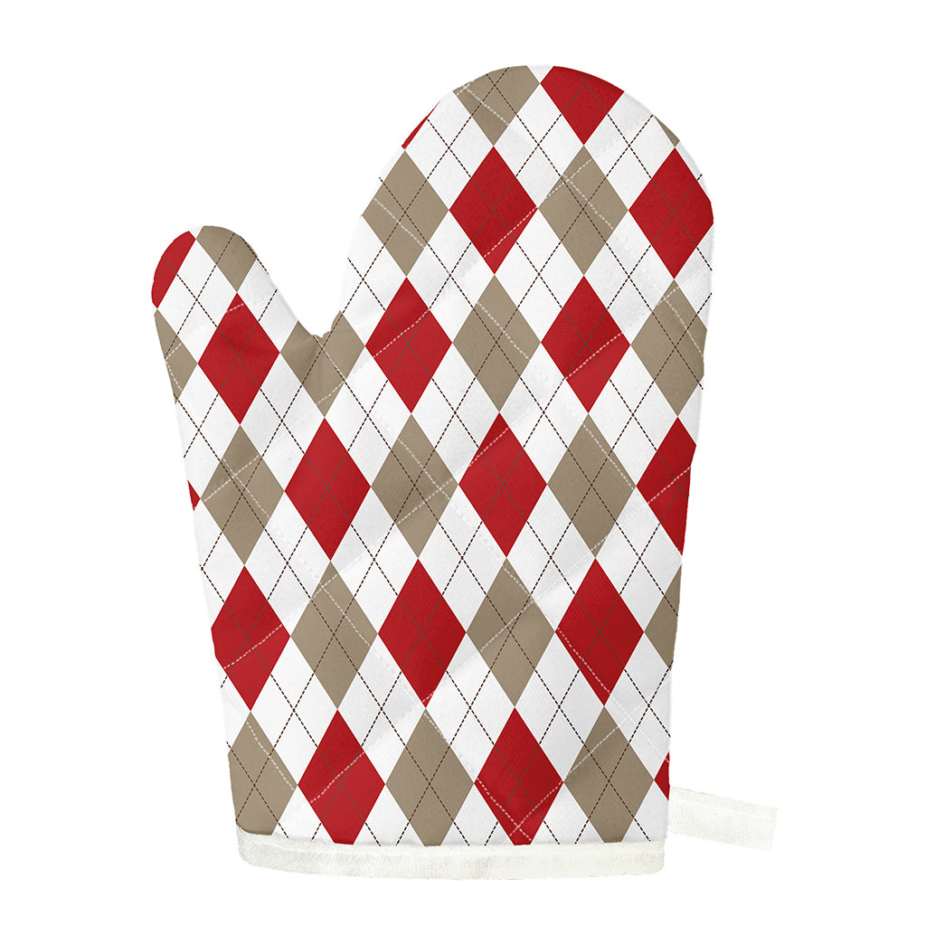 White Red And Beige Argyle Pattern Print Single Oven Mitt
