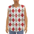 White Red And Beige Argyle Pattern Print Sleeveless Baseball Jersey