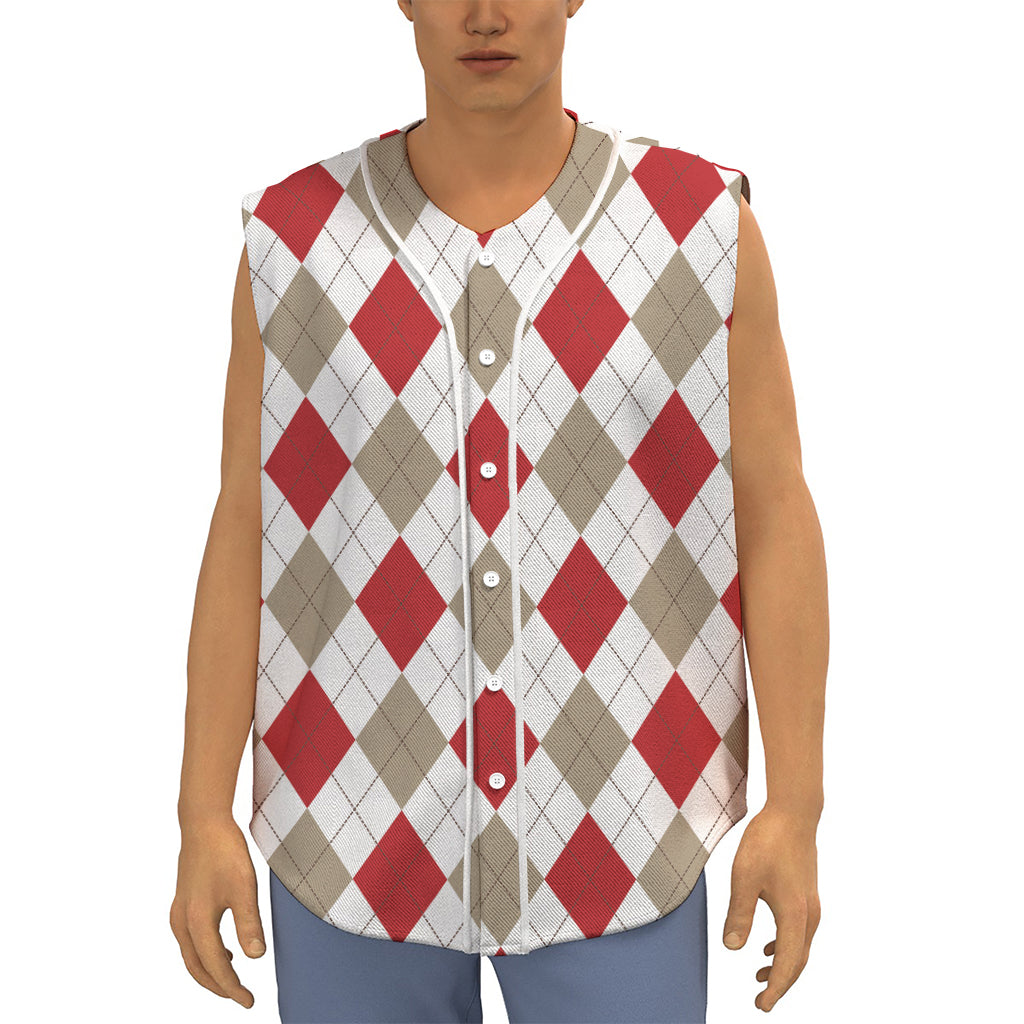 White Red And Beige Argyle Pattern Print Sleeveless Baseball Jersey