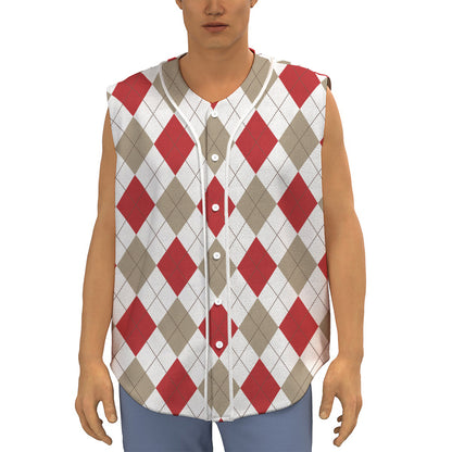White Red And Beige Argyle Pattern Print Sleeveless Baseball Jersey