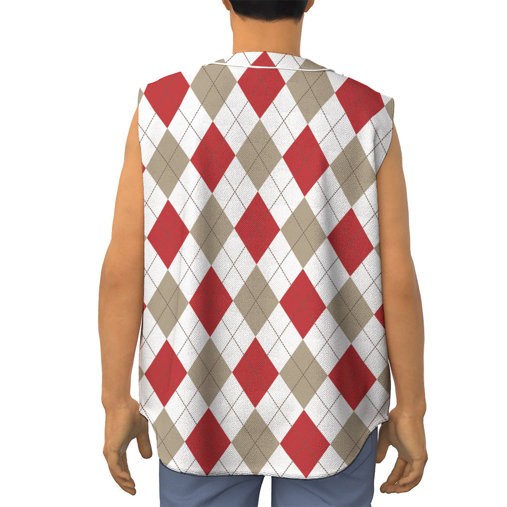 White Red And Beige Argyle Pattern Print Sleeveless Baseball Jersey