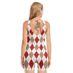 White Red And Beige Argyle Pattern Print Sleeveless One Piece Swimsuit