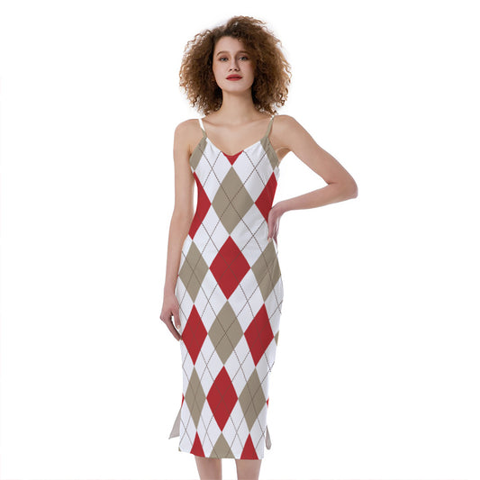 White Red And Beige Argyle Pattern Print Slim Fit Midi Cami Dress
