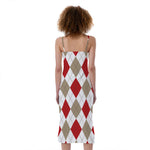 White Red And Beige Argyle Pattern Print Slim Fit Midi Cami Dress
