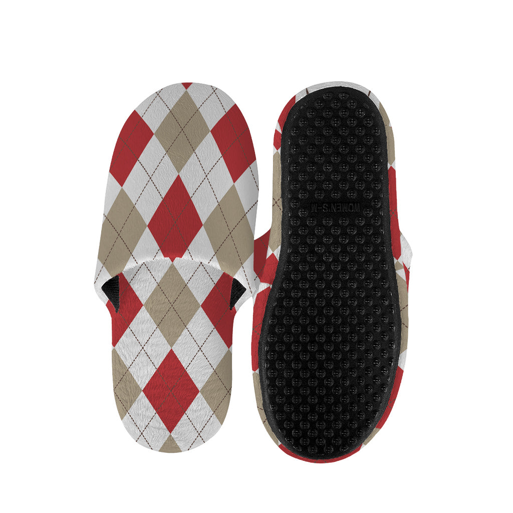 White Red And Beige Argyle Pattern Print Slippers