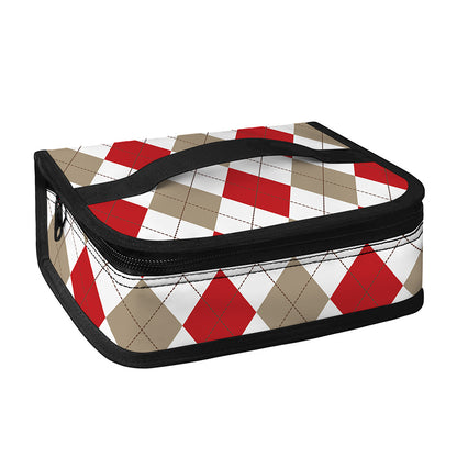 White Red And Beige Argyle Pattern Print Small Lunch Bag