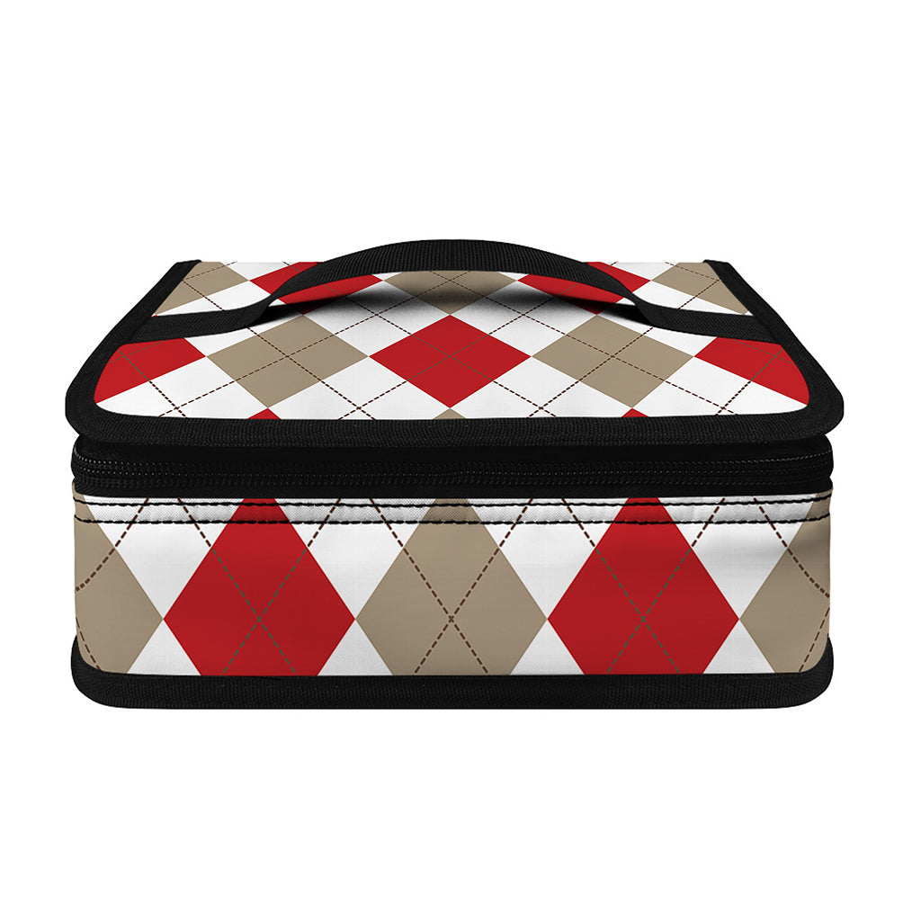 White Red And Beige Argyle Pattern Print Small Lunch Bag