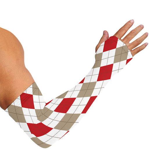 White Red And Beige Argyle Pattern Print Sun Protection Arm Sleeves