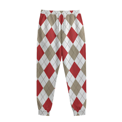 White Red And Beige Argyle Pattern Print Sweatpants