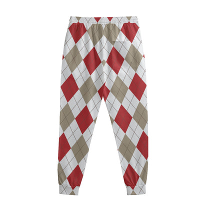 White Red And Beige Argyle Pattern Print Sweatpants
