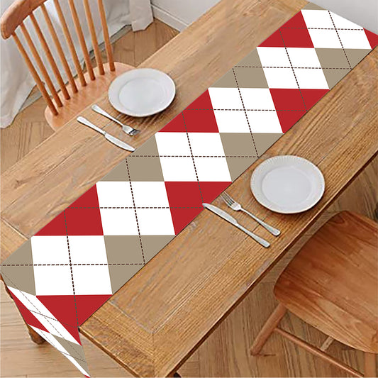 White Red And Beige Argyle Pattern Print Table Runner